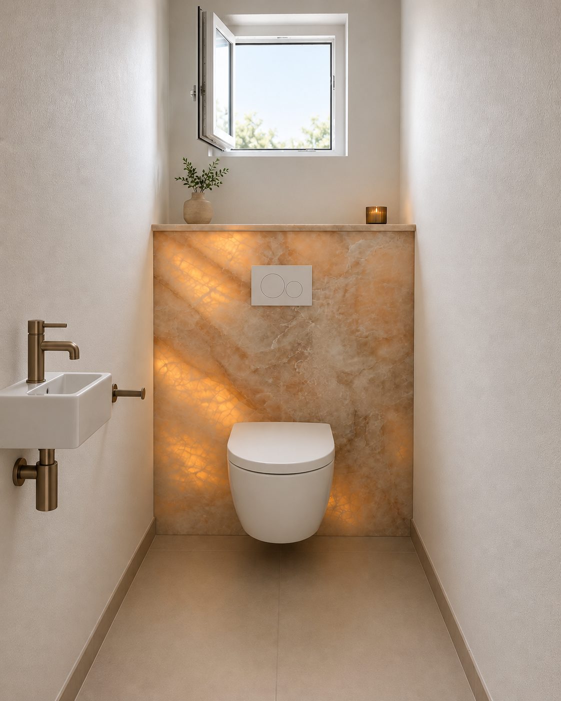 Gäste-WC mit hinterleuchteter Natursteinwand und messingfarbenen Armaturen – Visualisierung