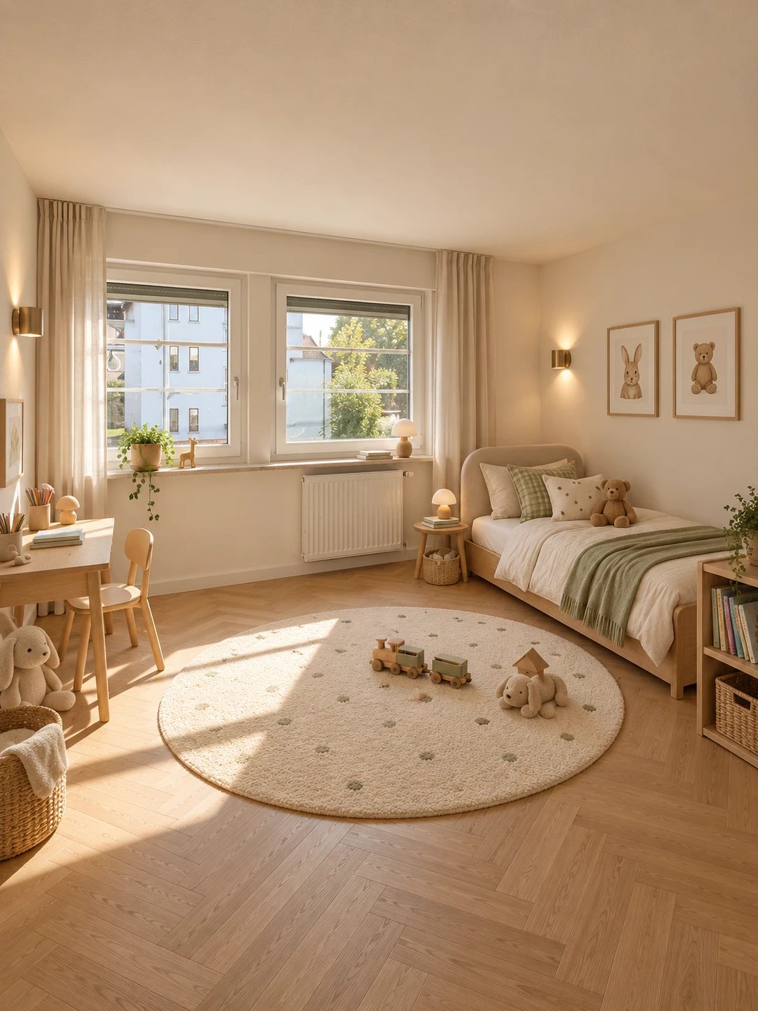 Kinderzimmer mit Spielteppich und Schreibtisch – Visualisierung